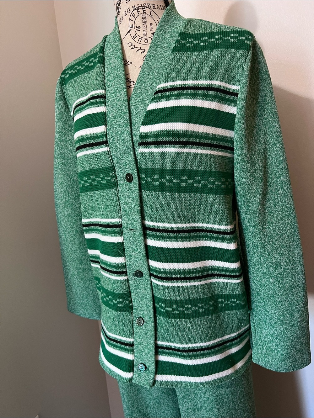 VTG 70s Miss Pernilla Green Knit Cardigan Pants Set 2pc Sporty Stripe 14 - Picture 3 of 14
